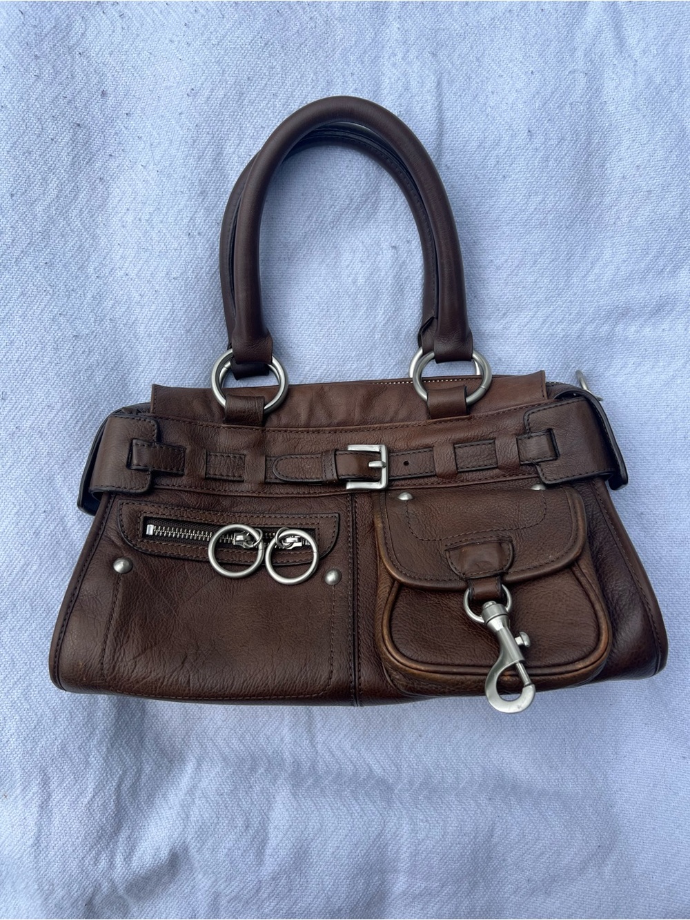 Via Spiga Brown Leather Shoulder Satchel with Silver Hardware